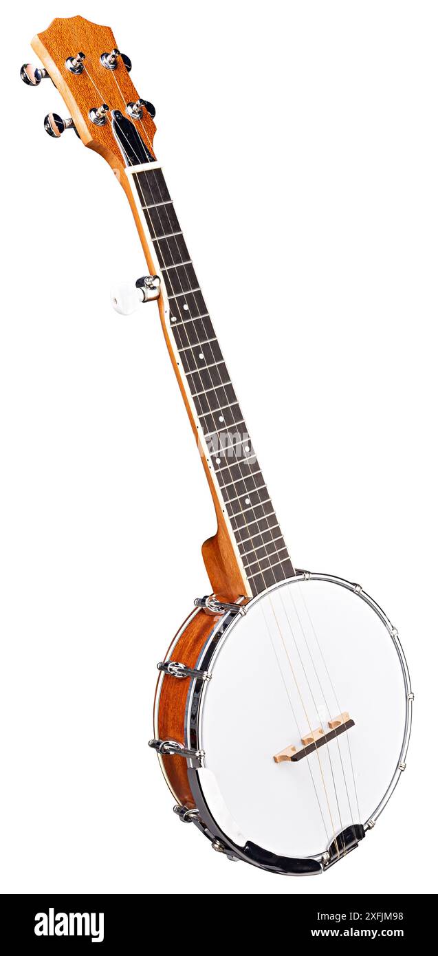 Banjo Gitarre Musiksaiteninstrument isoliert auf weißem Hintergrund. Folk Western Akustikmusik Konzept Stockfoto