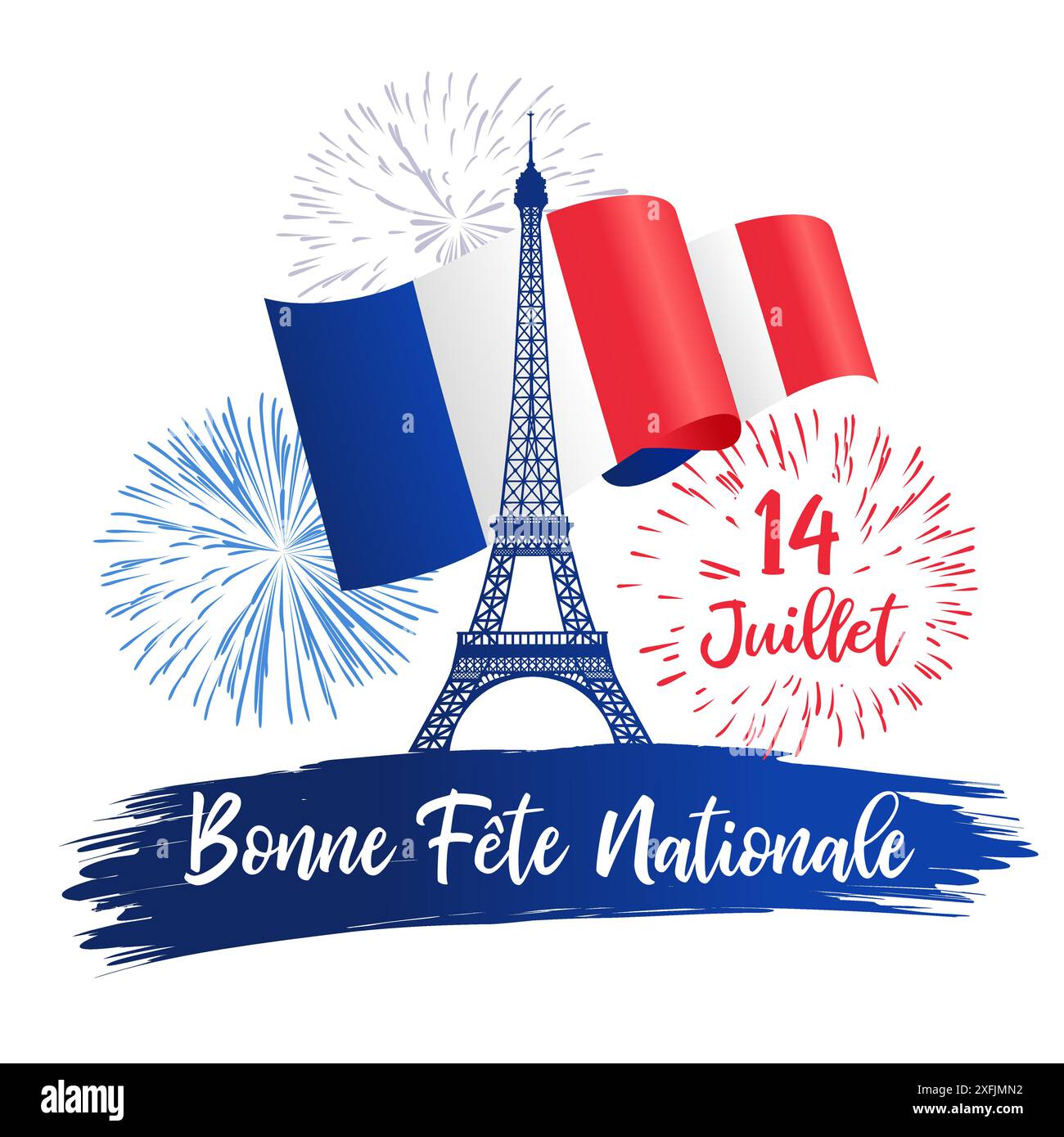 Bonne Fete nationale, französisches Schriftbanner mit 14 Juillet. Übersetzung - Happy National Day, 14. Juli. Vektorreisekonzept mit Eiffelturm Stock Vektor