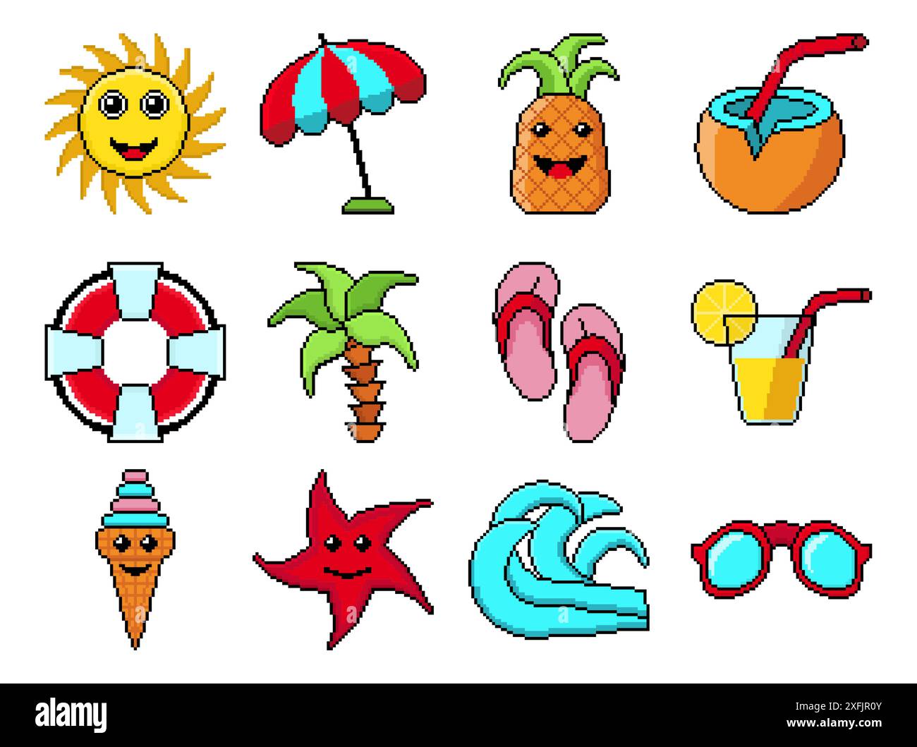 Satz von Sommer-Dinge-Ikonen, Pixel-Kunst-Design-Vektor-Illustration auf weißem Hintergrund Stock Vektor