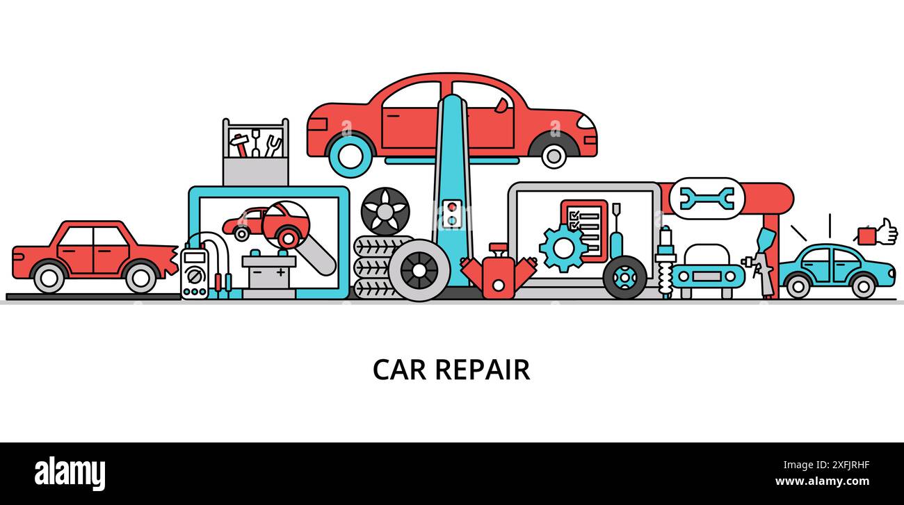 Car Repair Concept, Flat Line Design Vektor Illustration, für Grafik und Web Design Stock Vektor