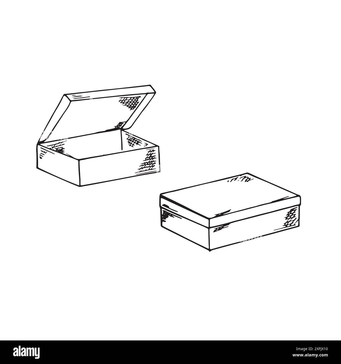 Kraftbox im Doodle-Stil. Geschlossener und geöffneter Papierkarton. Handgezeichnete Illustration auf weißem Hintergrund. Stock Vektor
