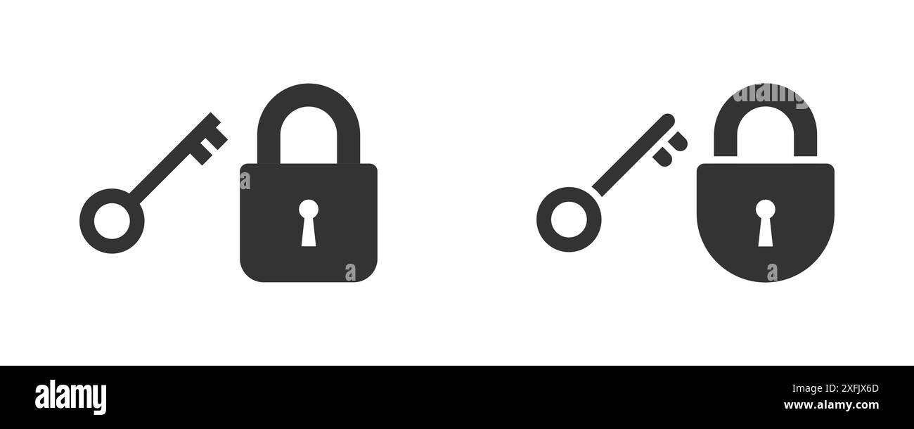 Schlüssel- und Schlosssymbol. Vintage-Schlüssel und Vorhängeschloss. Illustration des flachen Vektors. Stock Vektor