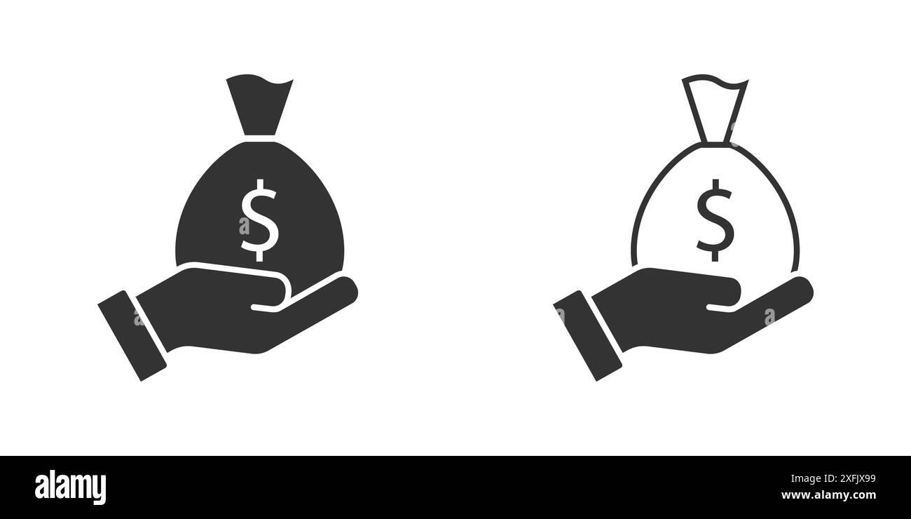 Hand und eine Tüte Dollar. Symbol „Ausleihen“. Illustration des flachen Vektors. Stock Vektor