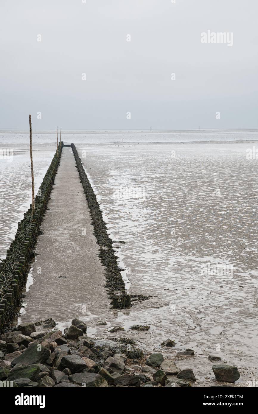 Ein langer, felsiger Pier, der sich an einem bewölkten Tag bei Ebbe in der Nähe eines Küstenortes in das ruhige Wasser hineinzieht Stockfoto