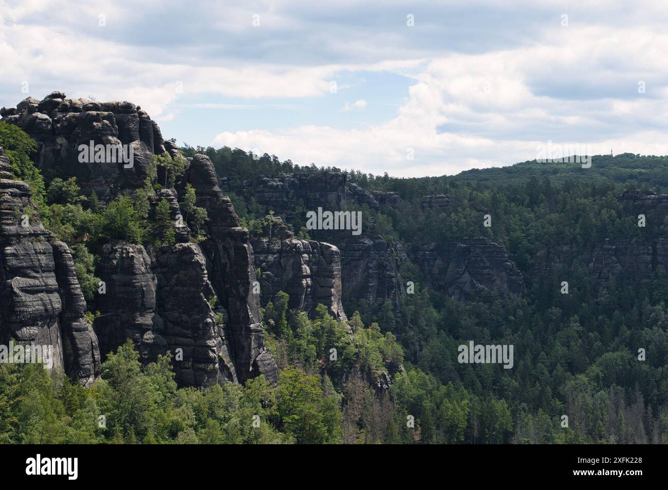 Majestätische Felsformationen erheben sich tagsüber über über üppig grüne Wälder unter einem bewölkten Himmel in einer malerischen Landschaft Stockfoto