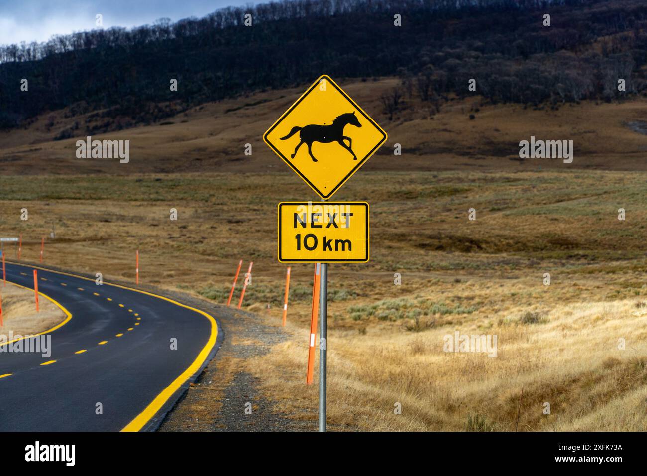 Snowy Mountains Highway, Kosciuszko Nationalpark, Aust; 4. Juli 2024; gelbes Warnschild Horse Hazard nächste 10 km Stockfoto