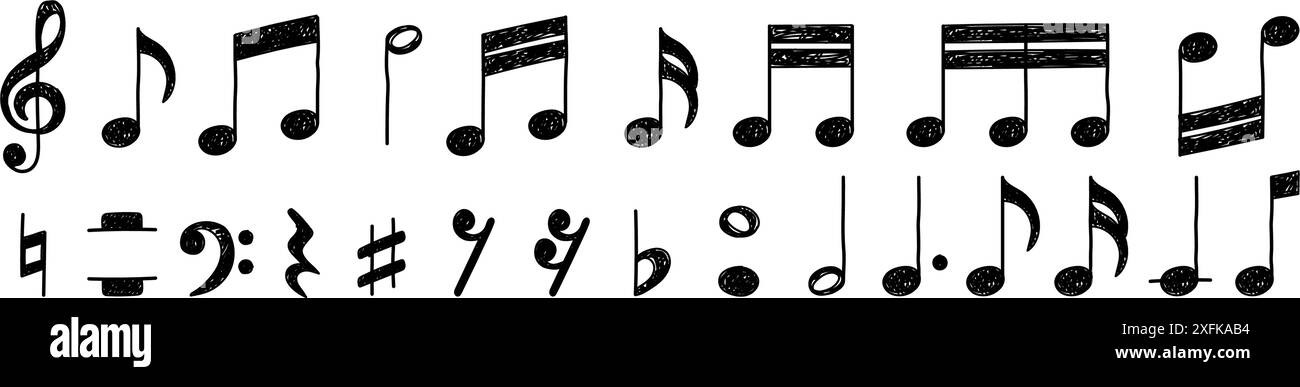 Satz von allen Notensymbolen, handgezeichnete Skizze Design Vektor Illustration Stock Vektor