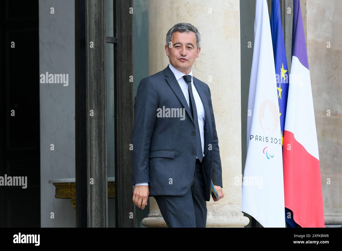 Gerald Darmanin – wöchentliche Kabinettssitzung am Mittwoch, 3. Juli 2024 in Paris. Der französische Präsident Emmanuel Macron löste die Nationalversammlung auf und rief die Schnellwahl am 9. Juni ein, nachdem die Franzosen bei der Wahl für das Europäische Parlament eine scharfe Niederlage durch die Nationalversammlung erlitten hatten. Der unpopuläre Präsident verspielte damit, dass die extreme Rechte diesen Erfolg nicht wiederholen würde, wenn Frankreichs eigenes Schicksal auf dem Spiel sei. Cour d honneur de l Elysee a l event du Conseil des ministres du mercredi 3 juillet 2024 - Paris, FRANKREICH. (Foto: Lionel Urman/SIPA USA) Stockfoto