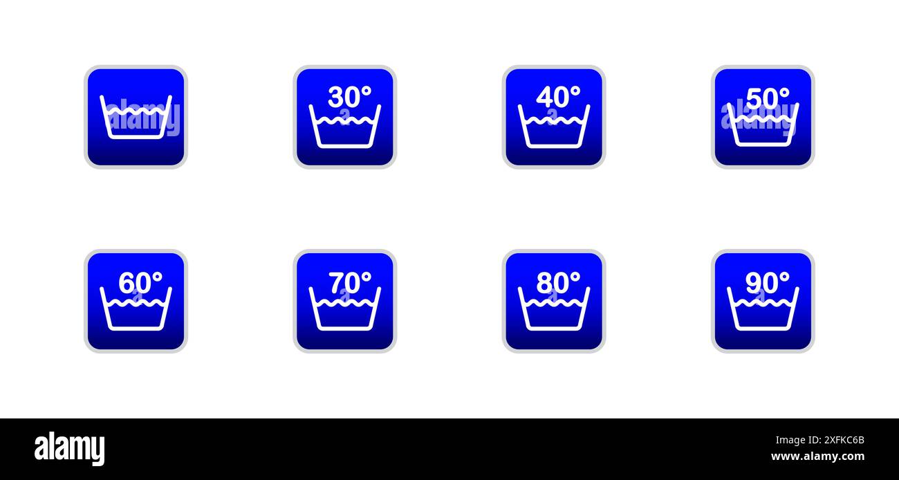 Waschschilder. Symbole für Waschtemperatur eingestellt. Illustration des flachen Vektors. Stock Vektor