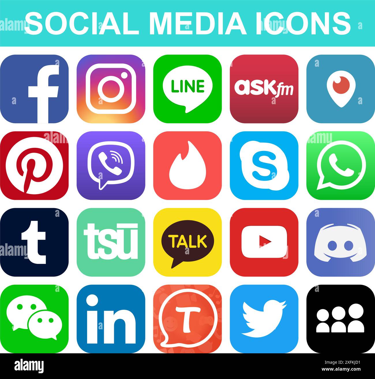 Februar 2020: Set populärer sozialer Medien und anderer Symbole: Facebook, Twitter, Instagram, Line, Pinterest, Tumblr, WeChat, LinkedIn und andere Stock Vektor