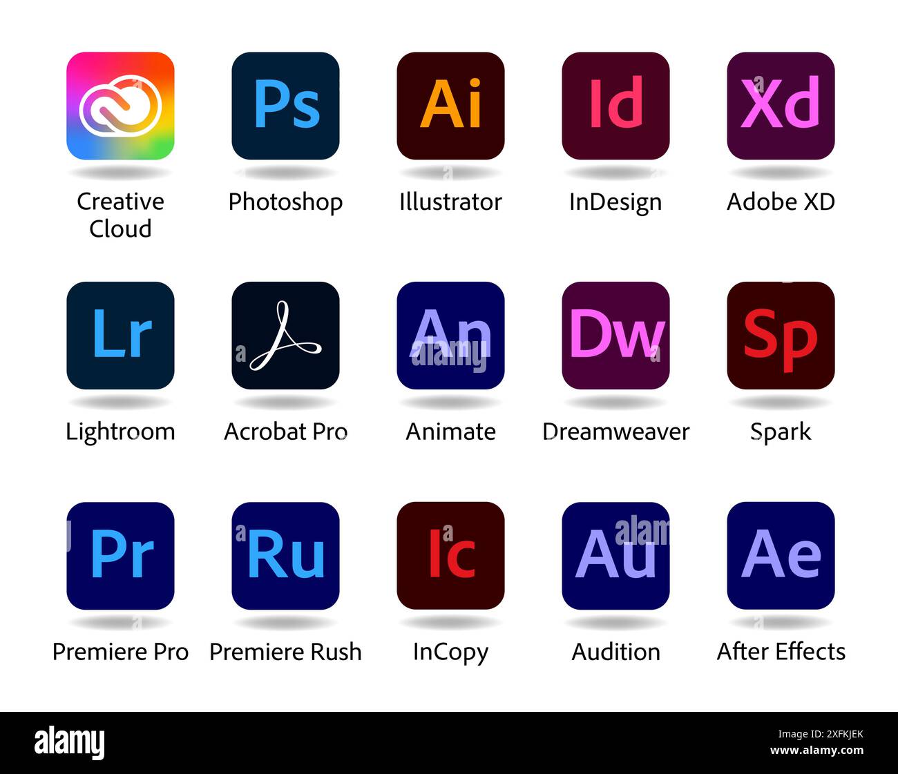 24. August 2020: Set beliebter Adobe Apps-Symbole: Creative Cloud, Photoshop, Illustrator, InDesign, Adobe XD und andere Stock Vektor