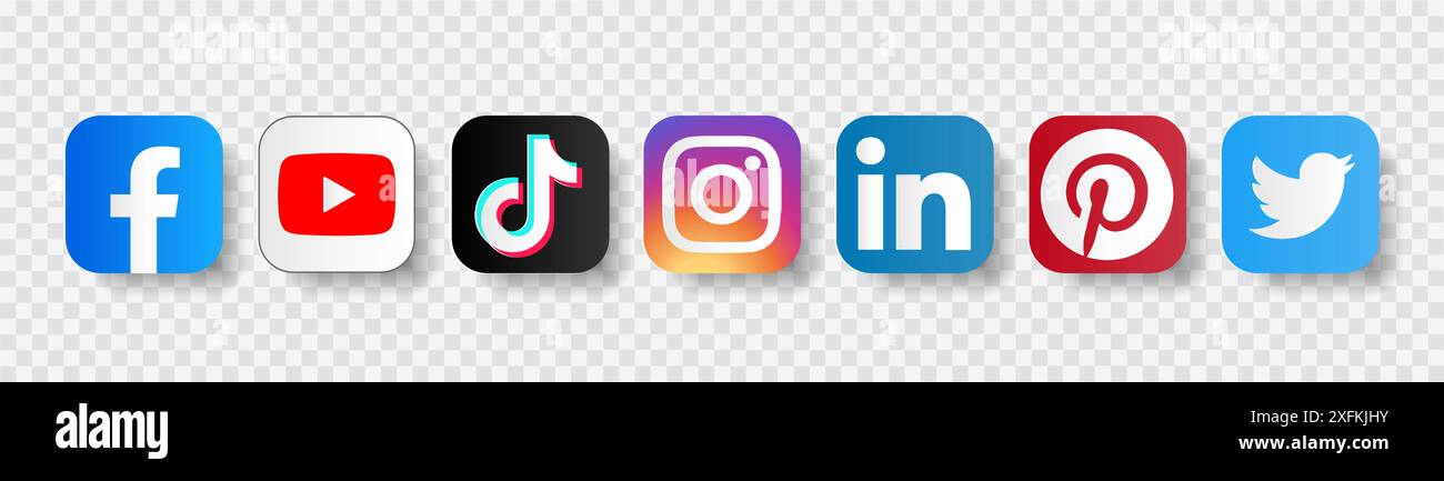 Oktober 2020: Set beliebter Social Media- und Mobile Apps-Symbole in Papierform: Facebook, Twitter, Pinterest, Instagram, TikTok, LinkedIn und Stock Vektor