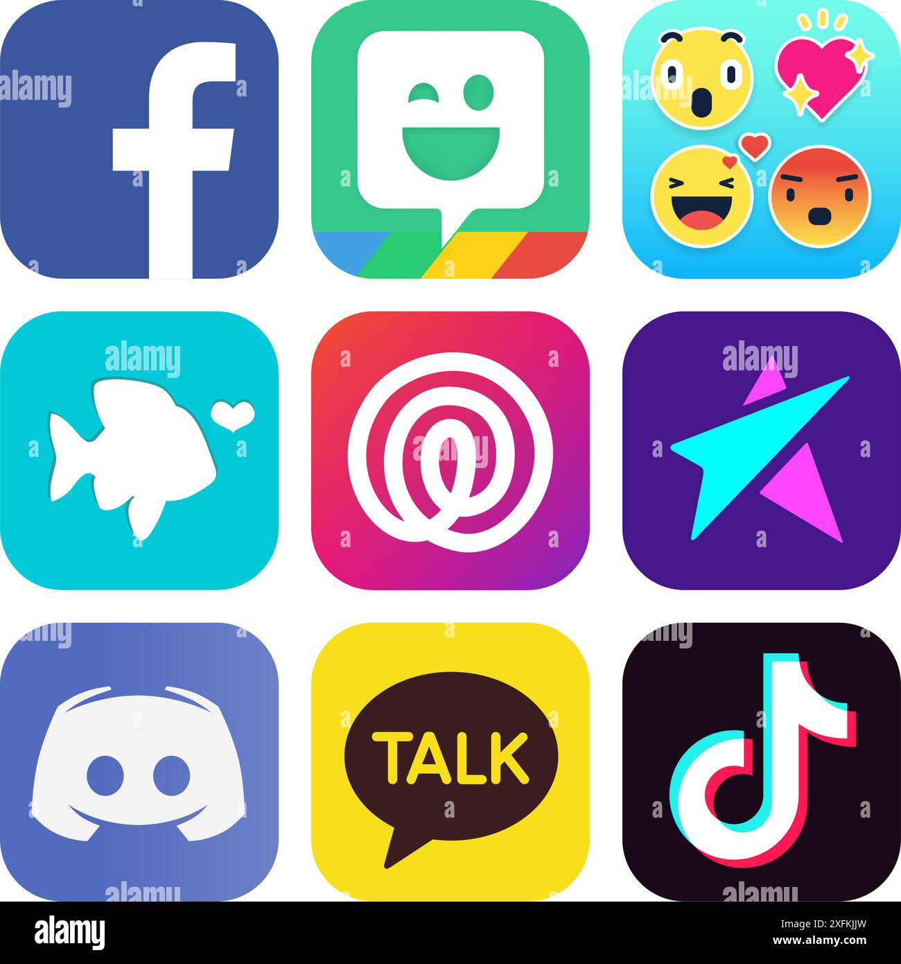 Februar 2020: Set von beliebten sozialen Medien und anderen Ikonen: Facebook, Bitmoji, Emoji Free, POF-Dating, Find My Family, LiveMe, Discord, KakaoTalk, Stock Vektor