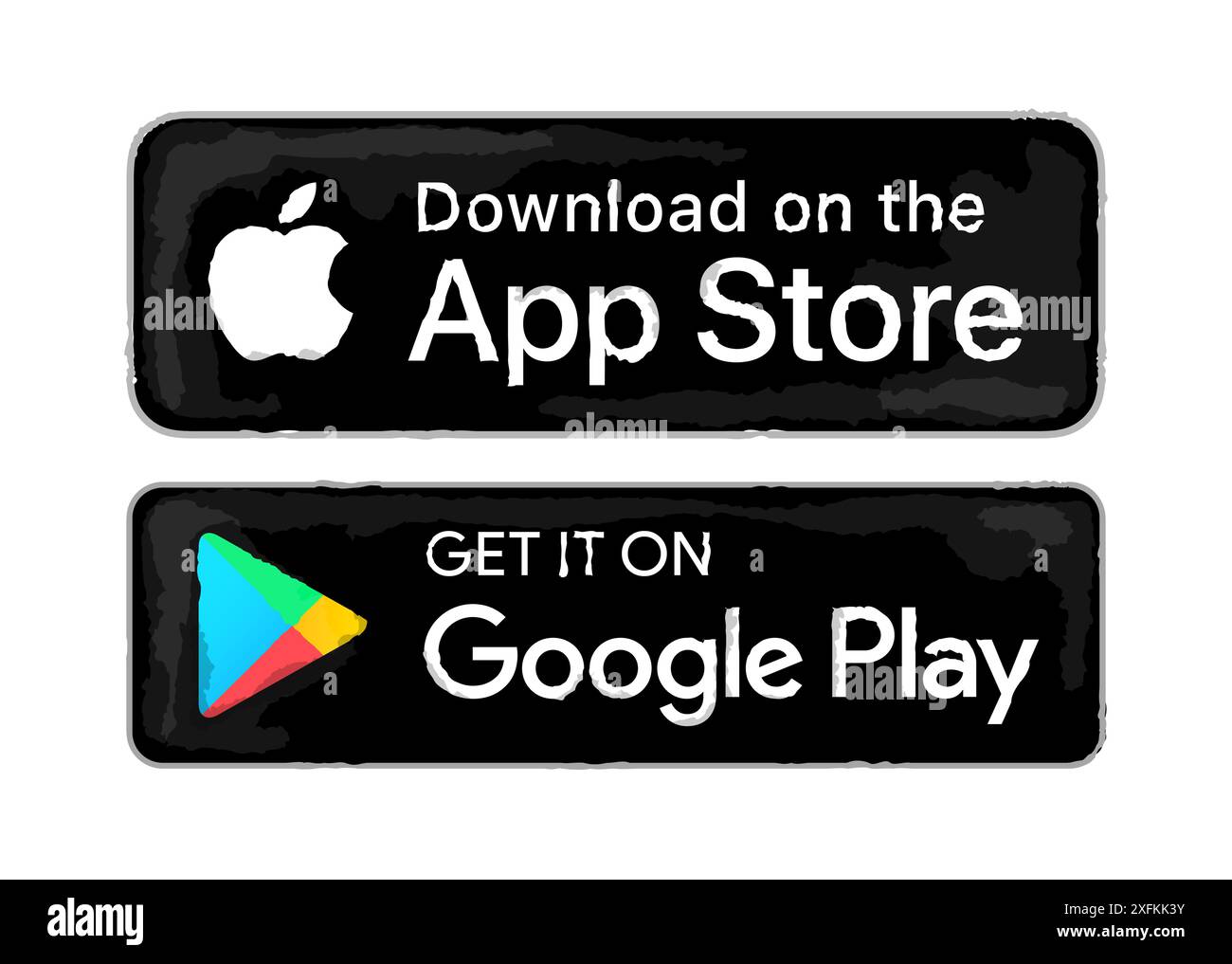 Kiew, Ukraine - 10. Februar 2021: Schwarz im App Store herunterladen und auf Google Play Button Symbole Set, Aquarelldesign Vektor Illustration Stock Vektor
