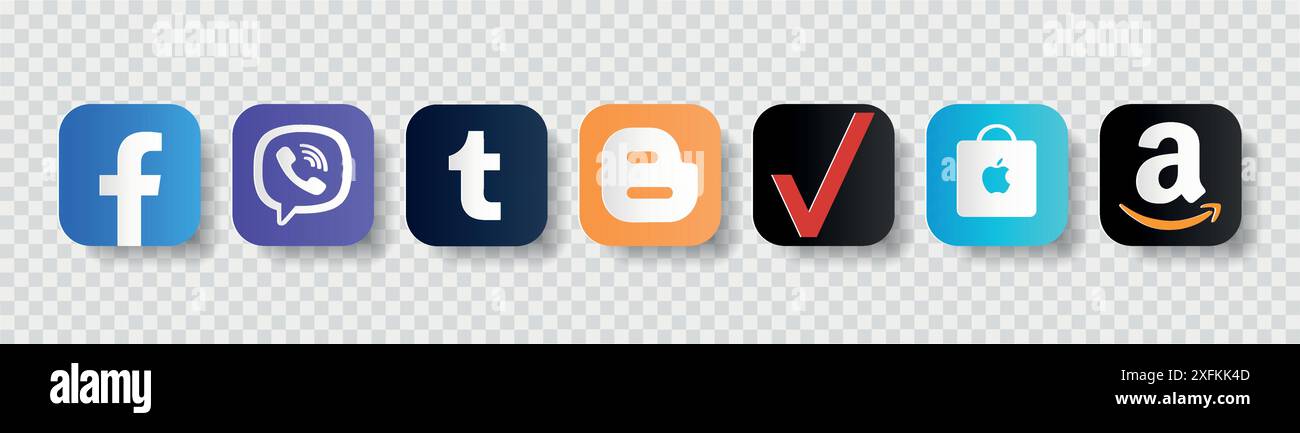9. November 2020: Set beliebter Social Media- und Mobile Apps-Symbole in Papierform: Facebook, Viber, Tumblr, Blogger, Verizon, AppStore und Amaz Stock Vektor