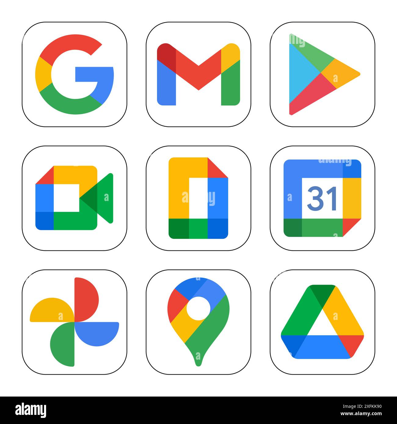 Dezember 2020: Satz beliebter Google-Dienste-Symbole: Google-Suche, Google Mail, Google Play, Meet, Präsentation, Kalender, Foto, Karten und Datenträger. Google Stock Vektor Dezember 2020: Satz beliebter Google-Dienste-Symbole: Google-Suche, Google Mail, Google Play, Meet, Präsentation, Kalender, Foto, Karten und Datenträger. Google Stock Vektor