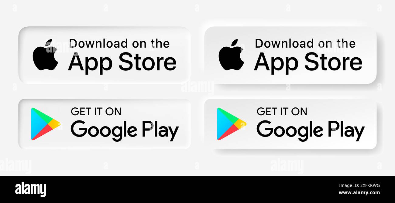 Kiew, Ukraine - 10. Februar 2021: Download im App Store und hol es dir auf Google Play Button Symbole gesetzt, realistische und Papier geschnittene Designs Vektorillust Stock Vektor