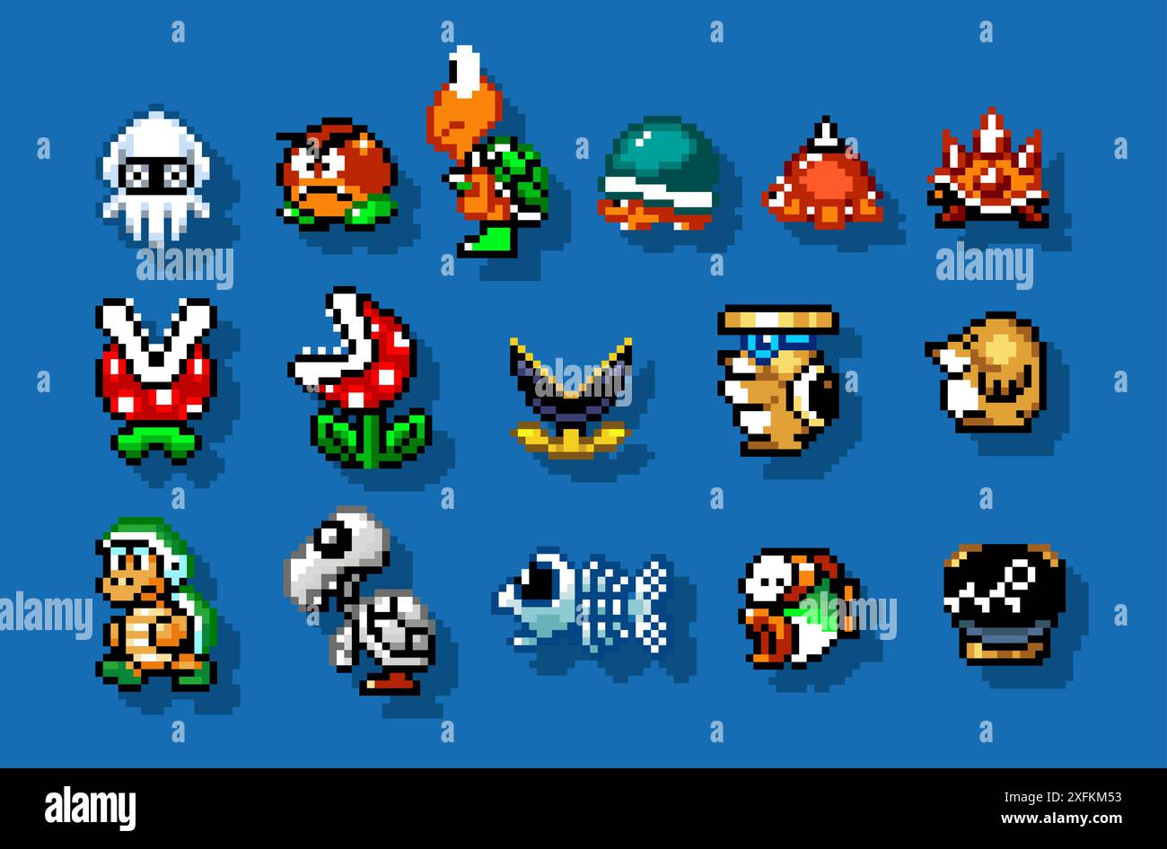 Februar 2020: Set von Feinden Charakteren aus Super Mario World klassischem Videospiel, Pixel Design Vektor Illustration. Super Mario World ist eine Plattform Stock Vektor