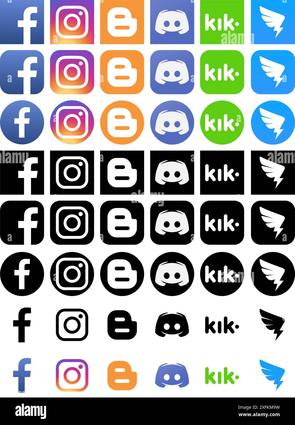 Kiew, Ukraine - 10. März 2021: Populäre soziale Medien und andere Symbole in verschiedenen Formen, wie: Facebook, Instagram, Blogger, Discord, Kik, DingTalk Stock Vektor