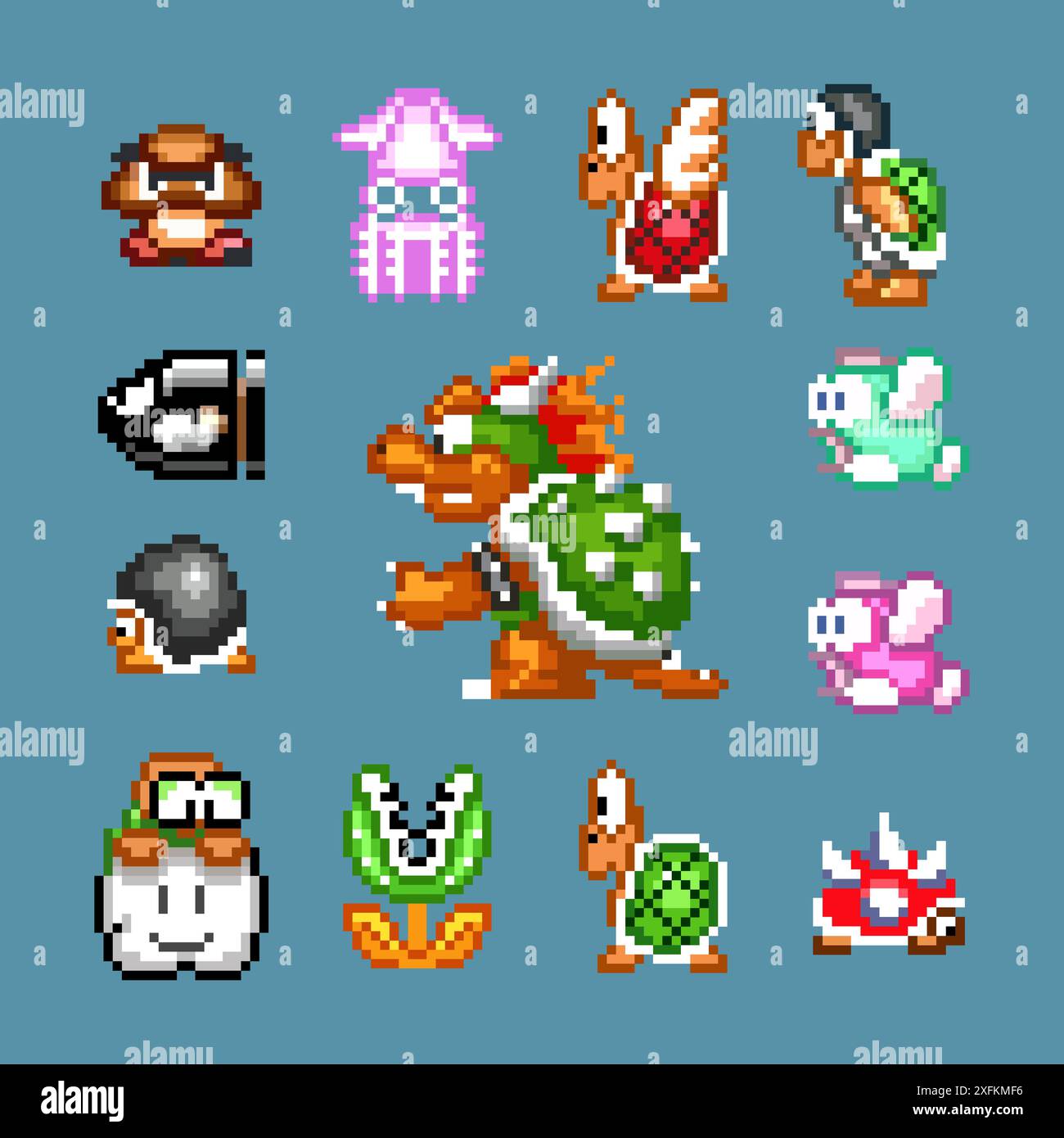 Kiew, Ukraine - 9. September 2021: Set von Feinden Charaktere aus 16-Bit Super Mario Bros klassischem Videospiel, Pixel Design Vektor Illustration. Super Stock Vektor