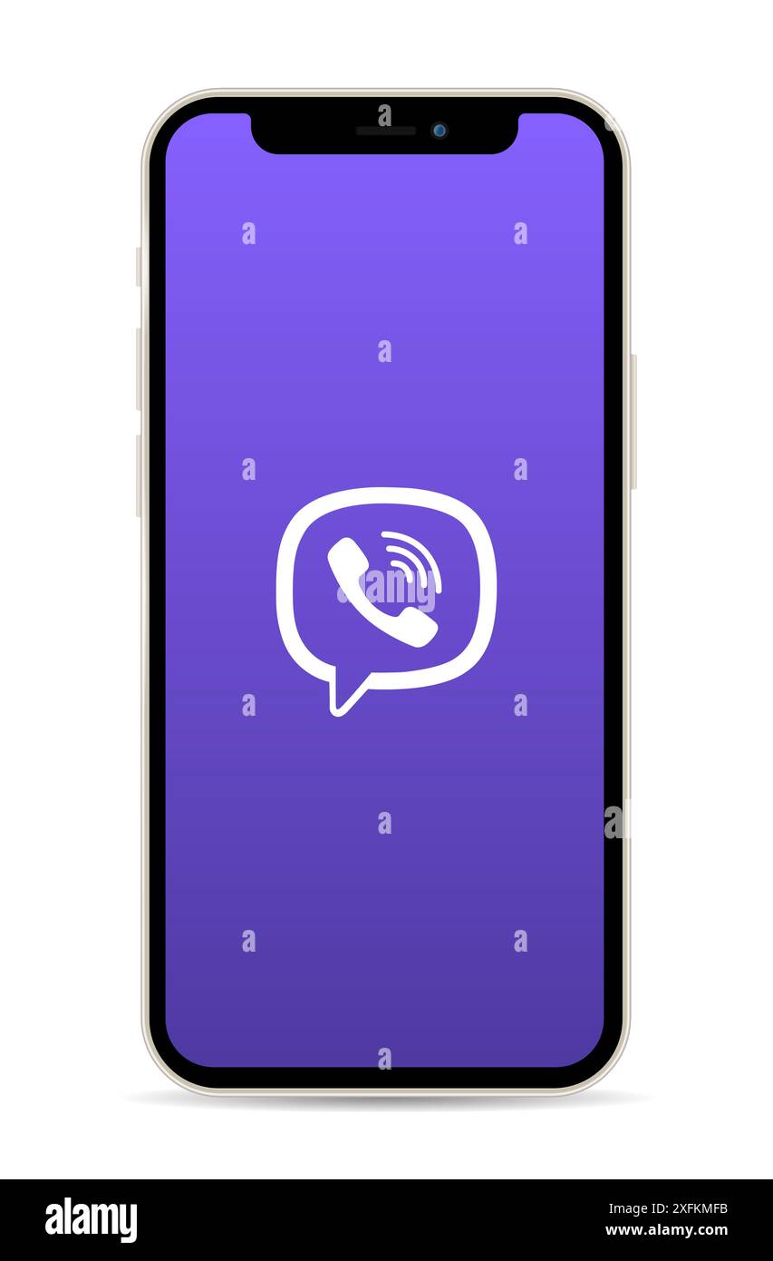 Kiew, Ukraine - 11. März 2021: Smartphone Apple iPhone 12 mit Viber App Logo auf dem Bildschirm, realistische Vektorillustration Stock Vektor