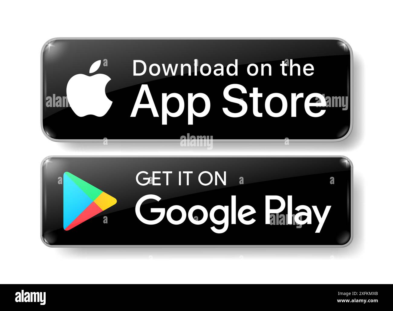 Kiew, Ukraine - 11. März 2021: Schwarz im App Store herunterladen und auf Google Play Button Symbole gesetzt, realistische Volume Design Vektor Illustratio Stock Vektor