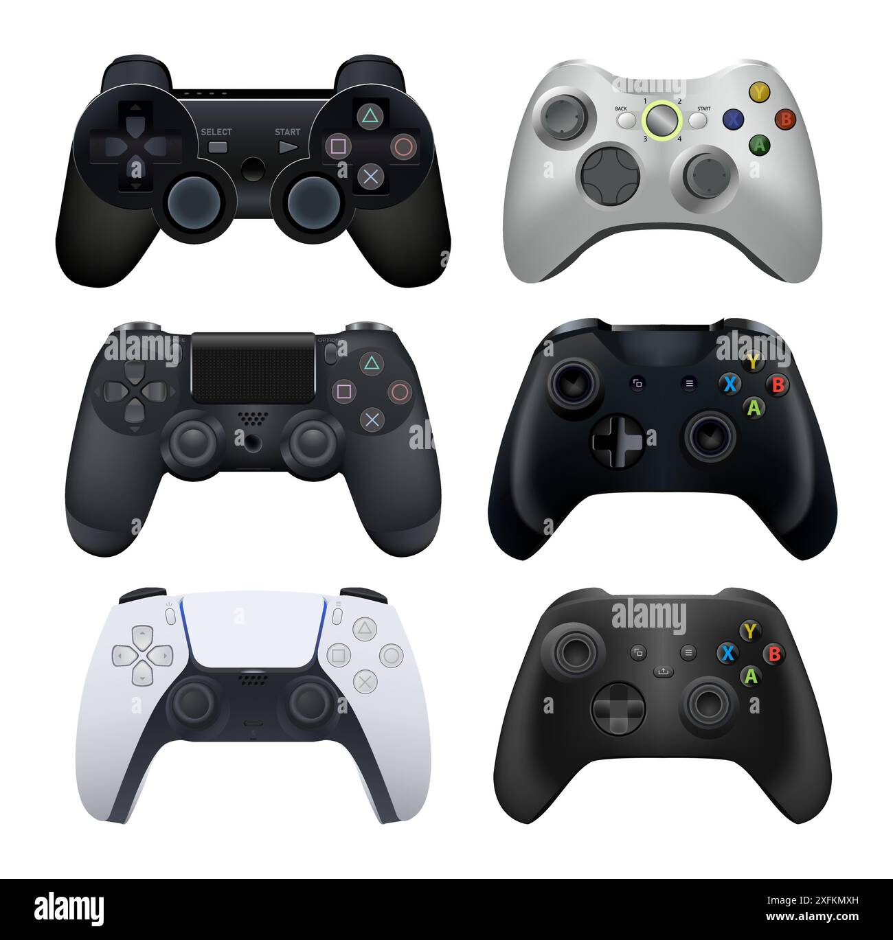 Kiew, Ukraine - 8. November 2021: Set mit Gamepads für Spielkonsolen und PC-Videospiele, wie Sony PlayStation 5, Microsoft Xbox Series X und andere Stock Vektor