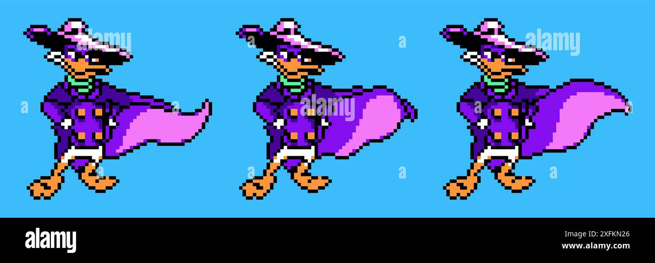 Kiew, Ukraine - 06. Dezember 2021: Set von Darkwing Duck Cloak Moves, Kunst des Darkwing Duck klassischen Videospiels, Pixel Design Vektor Illustration. Darkwi Stock Vektor