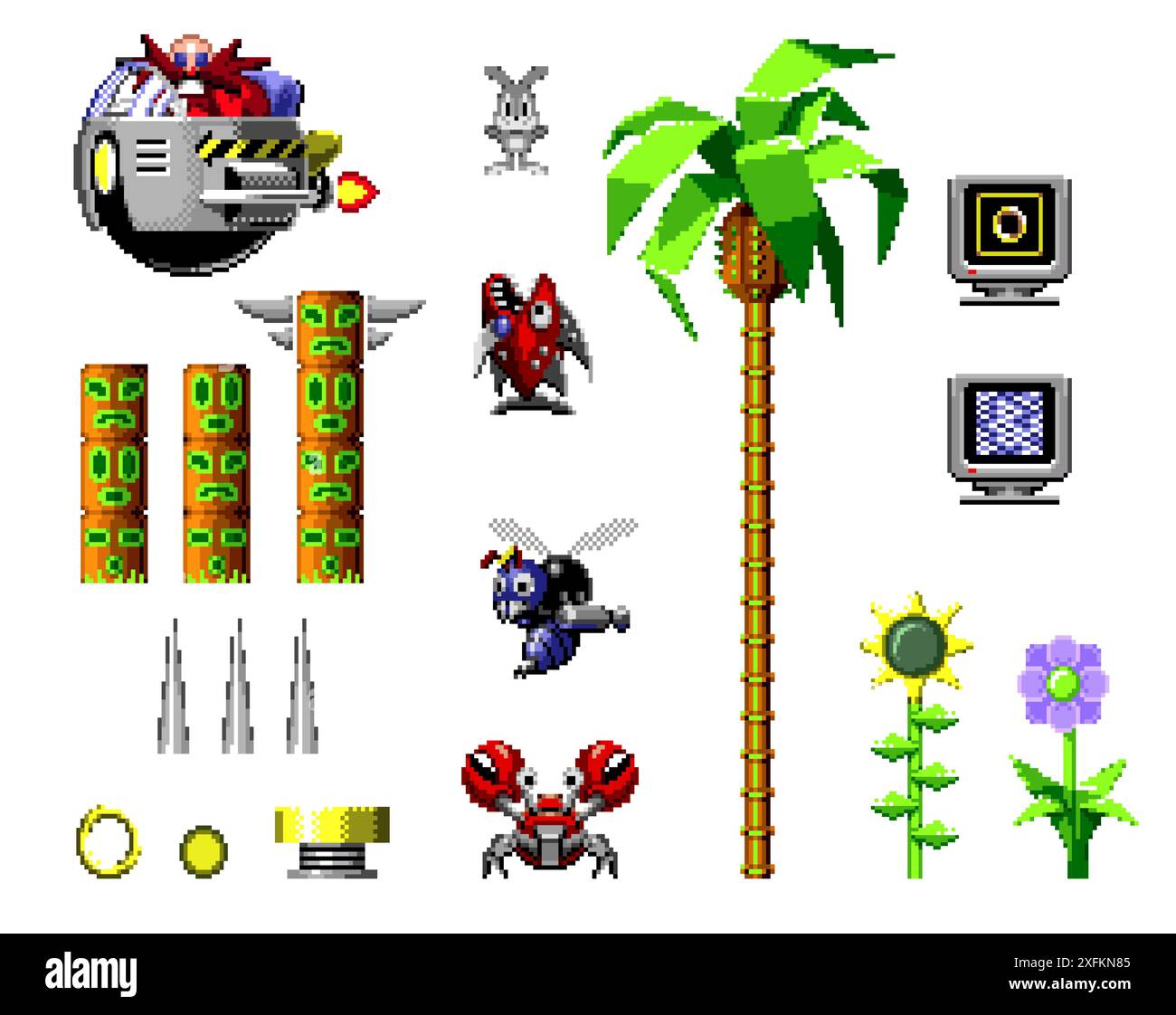 Kiew, Ukraine - 30. Mai 2022: Elemente Set des klassischen 16-Bit-Videospiels Sonic der Igel, Pixel Design Vektor Illustration. Sonic der Igel ist ein Stock Vektor