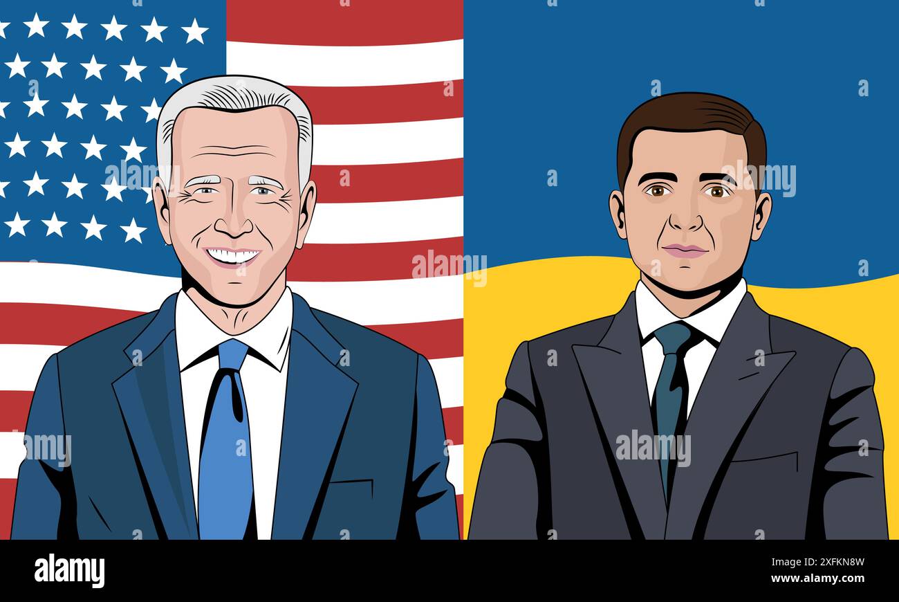 Kiyv, Ukraine - 30. März 2022: Konzeptdarstellung der ukrainischen und amerikanischen Freundschaft mit den Präsidenten dieser Länder: Joe Biden und Wolodymyr Zelen Stock Vektor