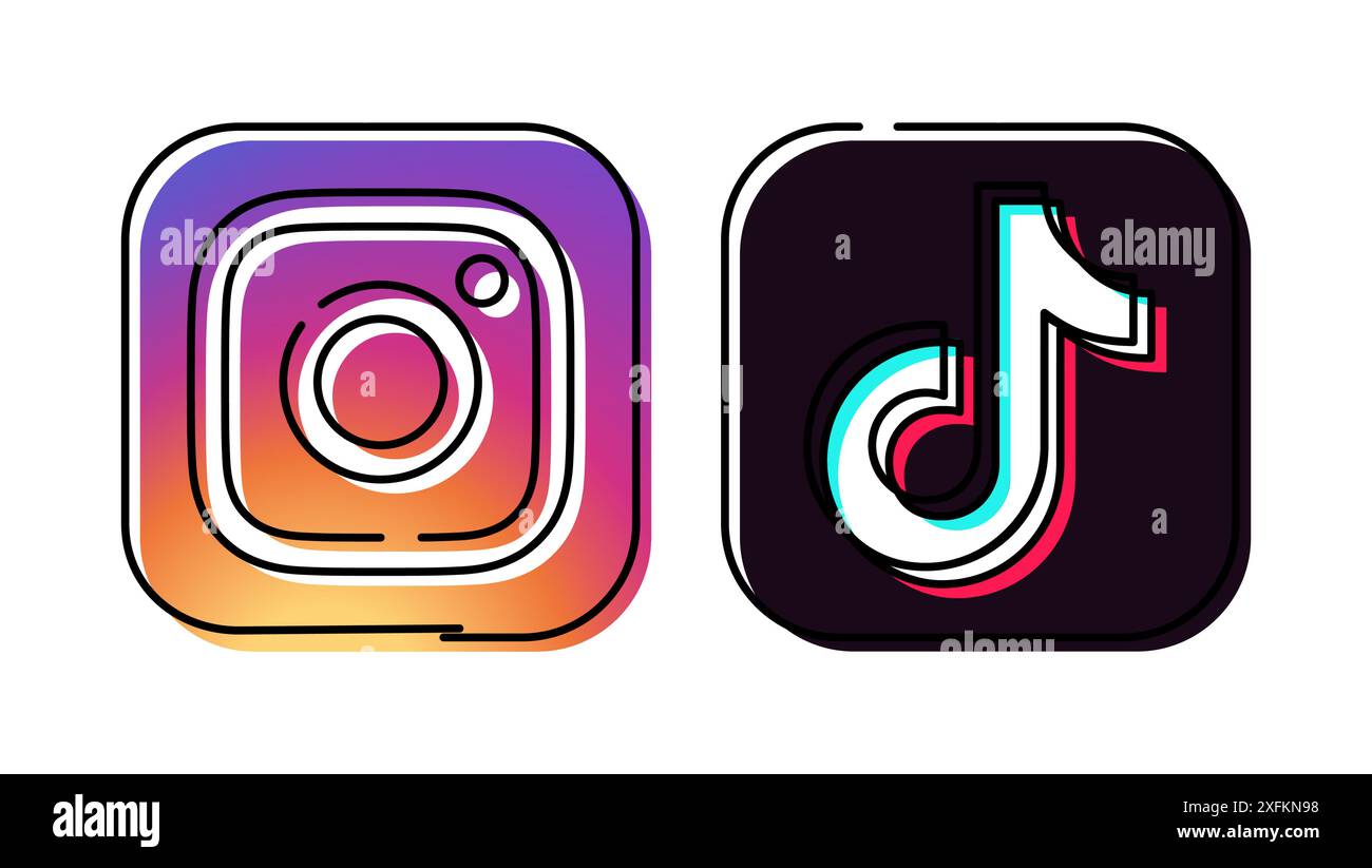 Kiew, Ukraine - 28. September 2022: Instagram und TikTok Apps Icons in Hand gezeichneter Linie Design, Vektorillustration Stock Vektor
