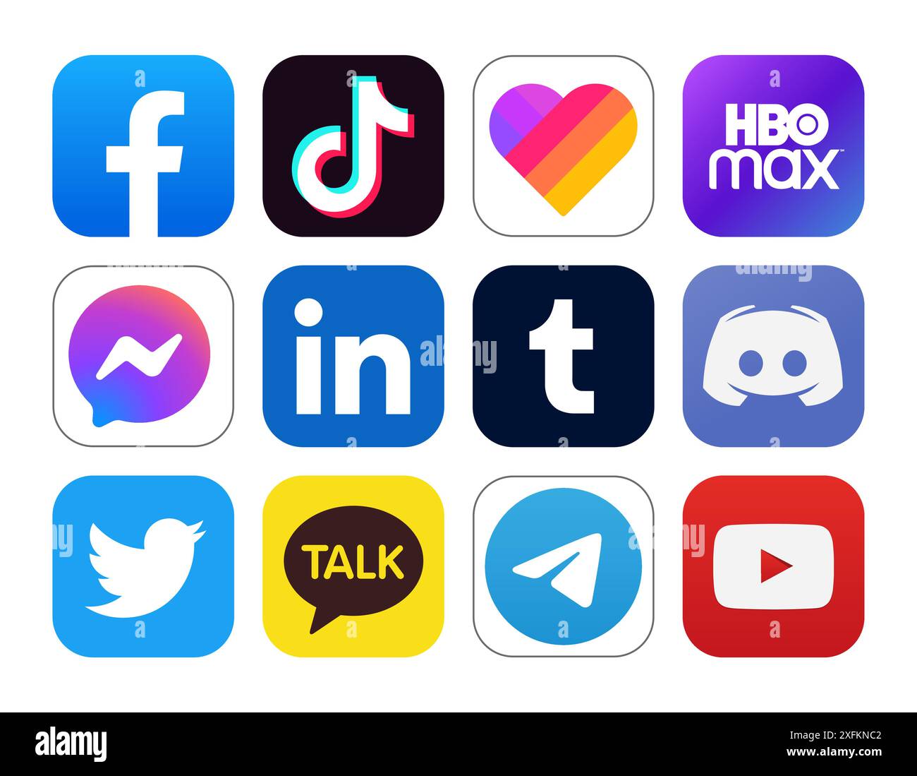 Kiew, Ukraine - 28. September 2022: Set von populären sozialen Medien und anderen Ikonen: Facebook, TikTok, Likee, HBO Max und andere, Vektorillustration Stock Vektor