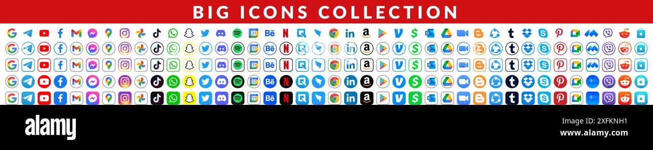 Große Auswahl an beliebten Social Media- und anderen Apps-Symbolen in verschiedenen Formen, z. B. Google, Telegram, Youtube, Facebook und andere, Vektorillustratio Stock Vektor
