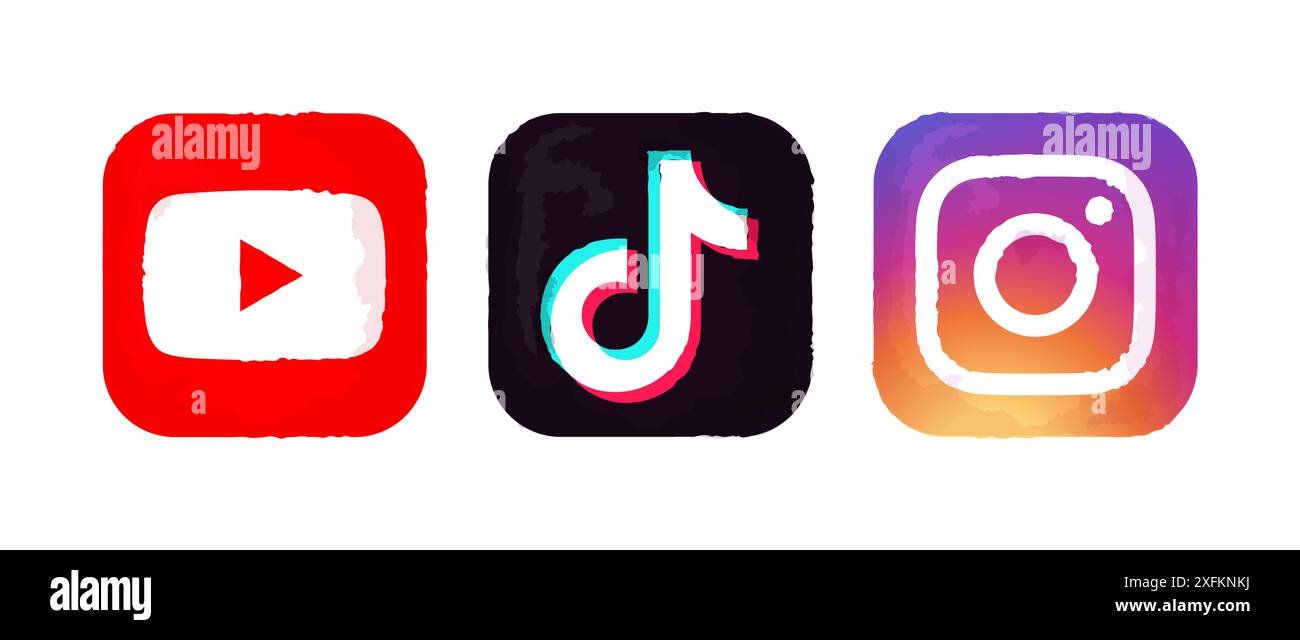 Kiew, Ukraine - 28. September 2022: YouTube, TikTok und Instagram Mobile Apps Icons in Aquarellmalerei, Vektorillustration Stock Vektor