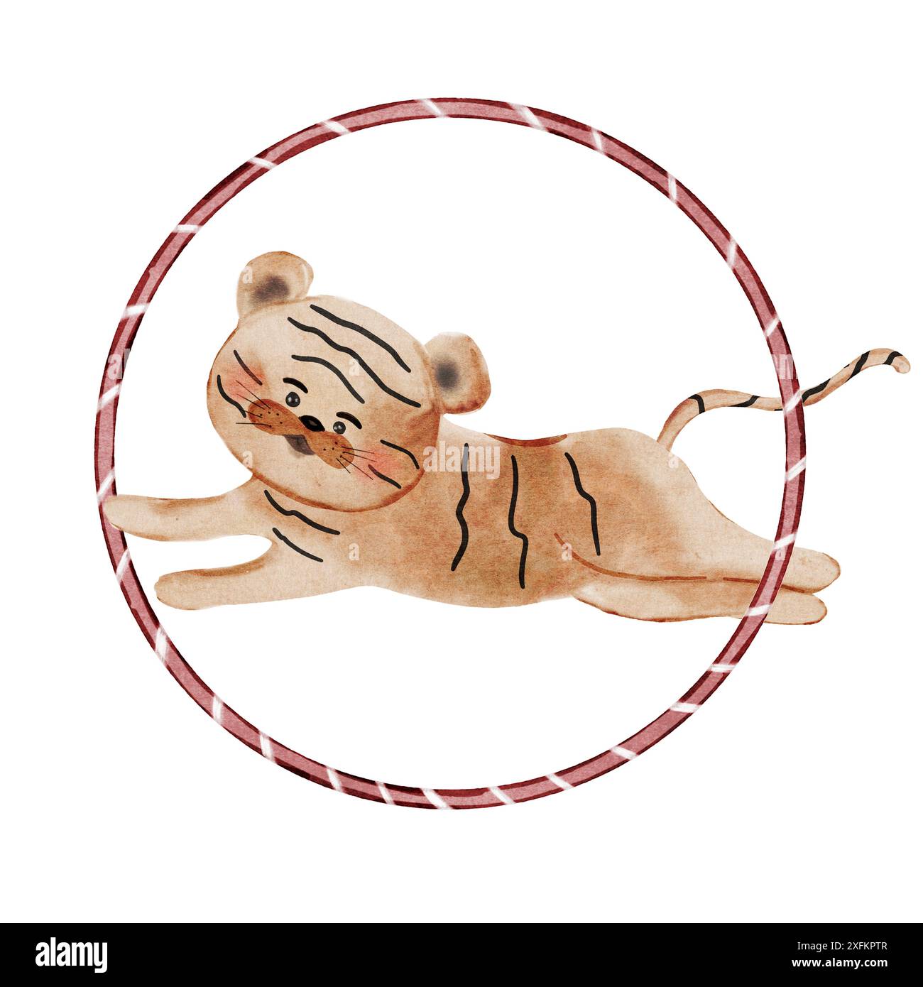 Zirkus-Tiger-Aquarell. Niedliche Vintage-Handzeichnung mit Tiermotiv. Baby Clip Art isoliert auf weißem Retro Hintergrund. Ideal für Kinderplakate, Karten und Stockfoto