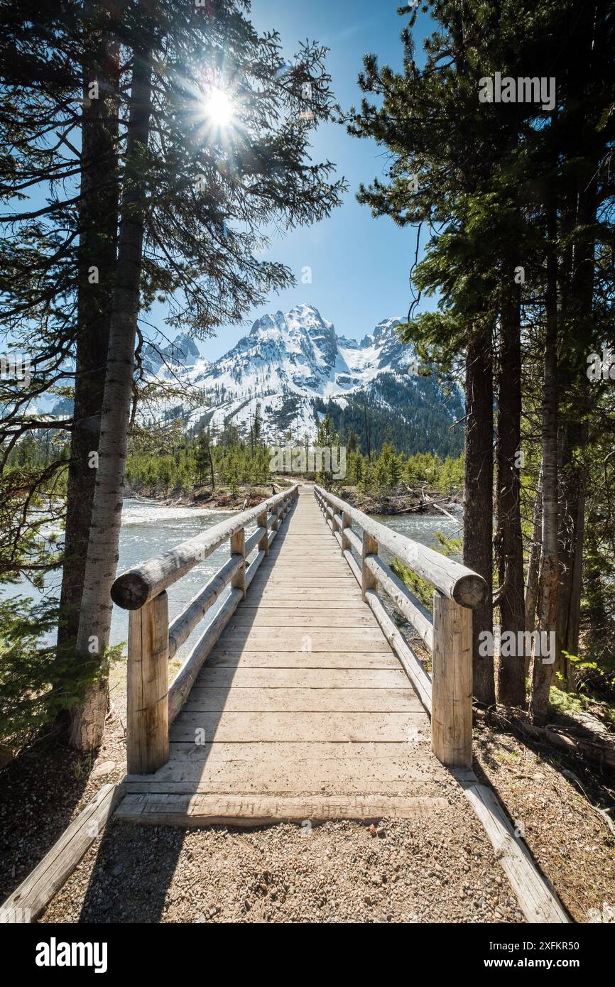 Eine Holzbrücke überspannt einen Fluss in einem Wald. Die Brücke ist von Bäumen umgeben und das Wasser ist ruhig. Die Sonne scheint hell und erzeugt ein warmes und ich Stockfoto