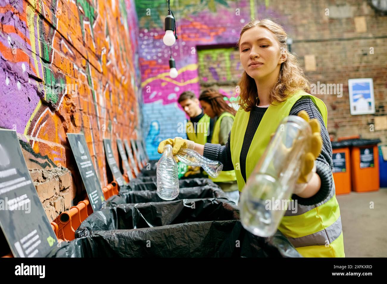 Eine Frau, die neben einer lebendigen Graffiti-bedeckten Wand steht und urbane Kreativität und Kultur zum Ausdruck bringt. Stockfoto