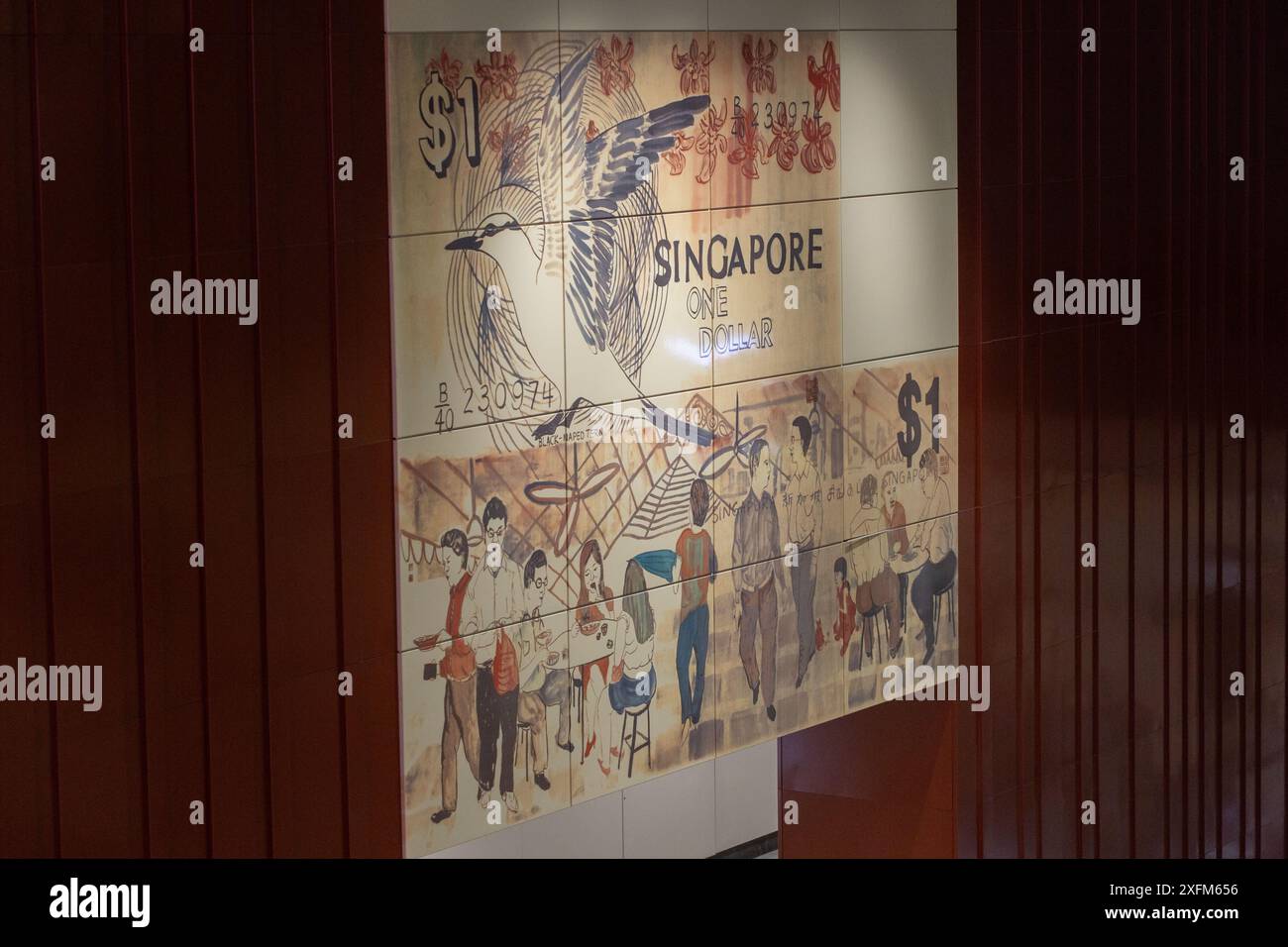 Everyday Singapore; Kunstwerk von Quek Kiat Sing. Darstellung täglicher Aktivitäten und alter Währungen. Singapur. Stockfoto