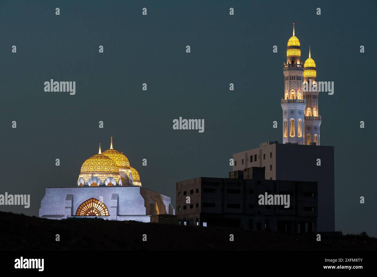 Mohammed Al Ameen Moschee bei Nacht, Muscat, Sultanat von Oman. Stockfoto