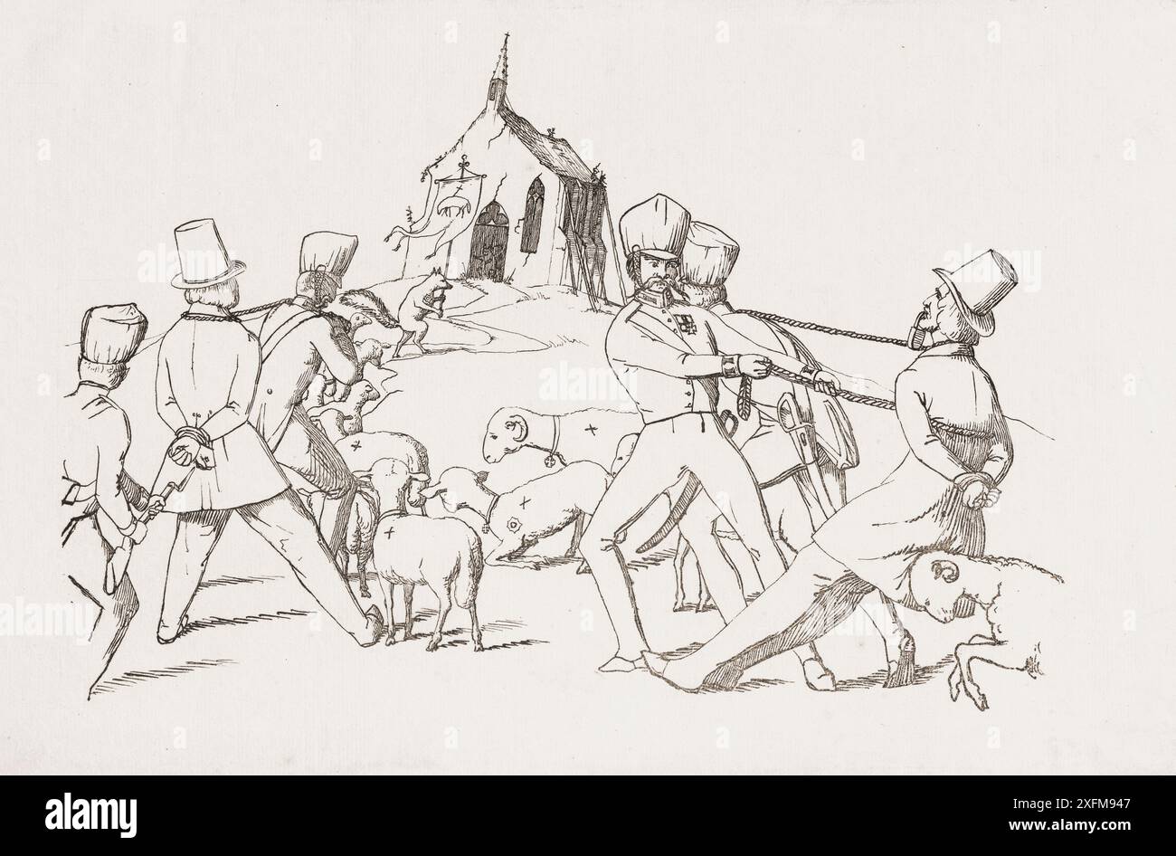 Antikirchliche (antiklerikale) politische Stiche: Der Weg zur Kirche. 1842 Stockfoto