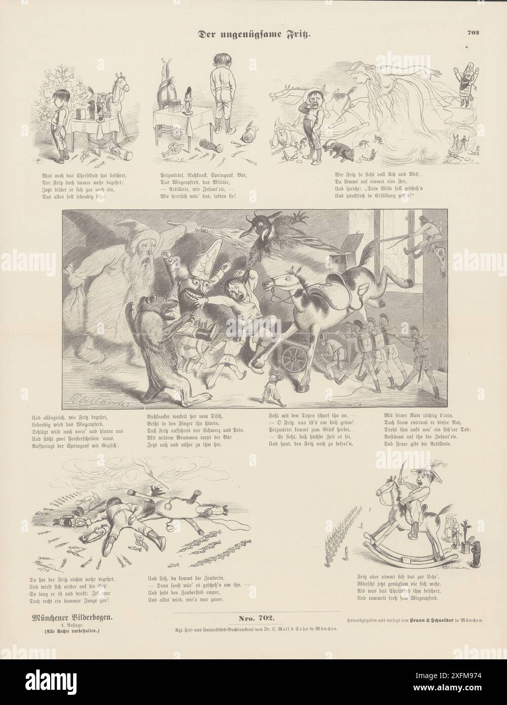 Alte humorvolle illustrierte Geschichte: Ungeduldiger Fritz (der ungenügsame Fritz), 1877 von Wilhelm Busch (1832–1908) Heinrich Christian Wilhelm Busch war ein deutscher Humor, Dichter, Illustrator und Maler. Er veröffentlichte wild innovative illustrierte Geschichten, die bis heute von Bedeutung sind. Stockfoto