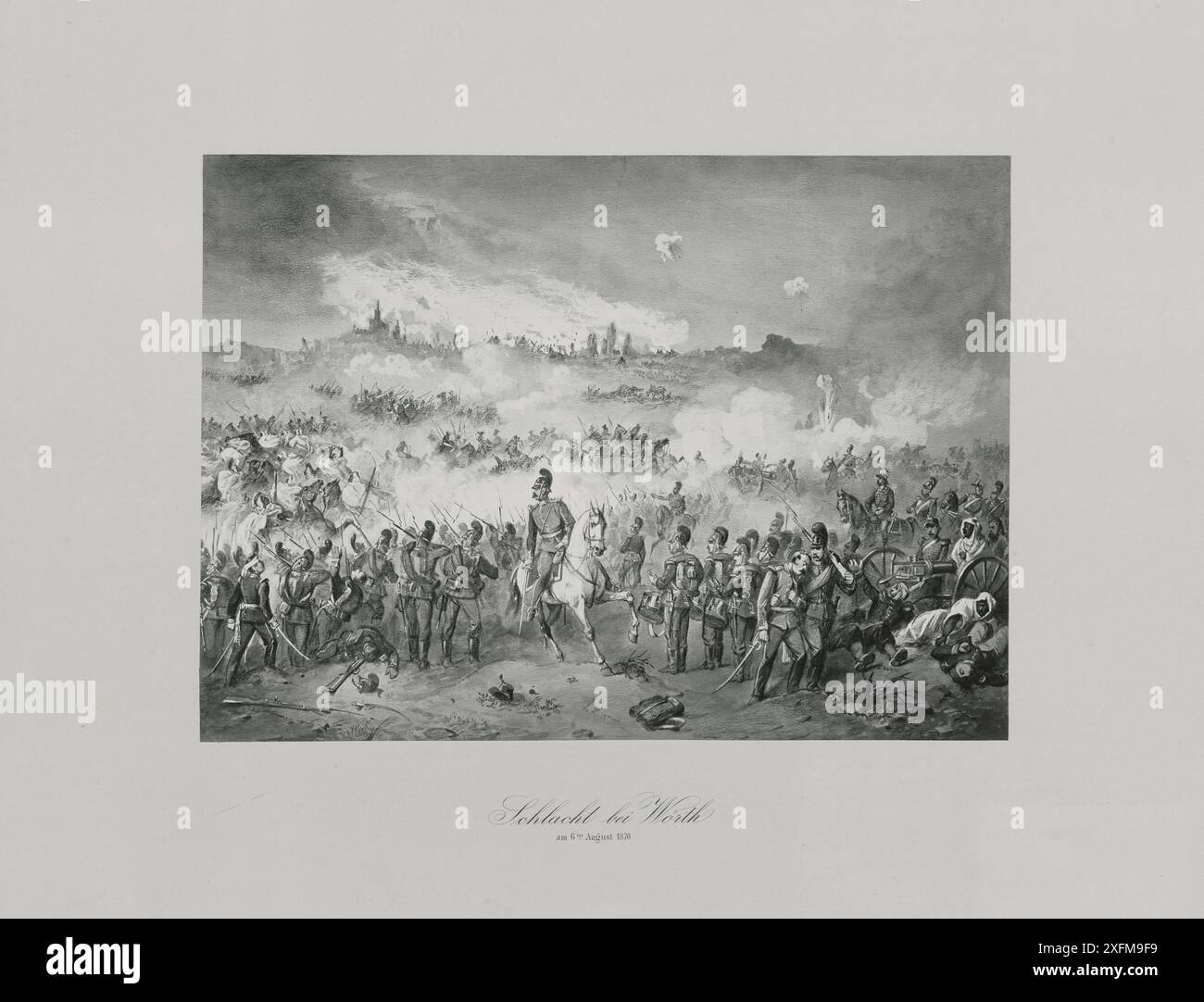 Gravur der Schlacht bei Wörth am 6. August 1870. 1872 die Schlacht bei Wörth, auch als Schlacht bei Reichshoffen oder als Schlacht bei Frœschwiller bekannt, die am 6. August 1870 in der Anfangsphase des Deutsch-Französischen Krieges stattfand (die erste Schlacht bei Wörth fand am 23. Dezember 1793 während der Französischen Unabhängigkeitskriege statt). In der zweiten Schlacht besiegten deutsche Truppen unter dem Kommando von Kronprinz Friedrich und unter der Leitung seines Stabschefs, General Leonhard Graf von Blumenthal, die Franzosen unter Marschall MacMahon nahe dem Dorf Woerth im Elsass, an der sauer, 10 Kilometer Stockfoto