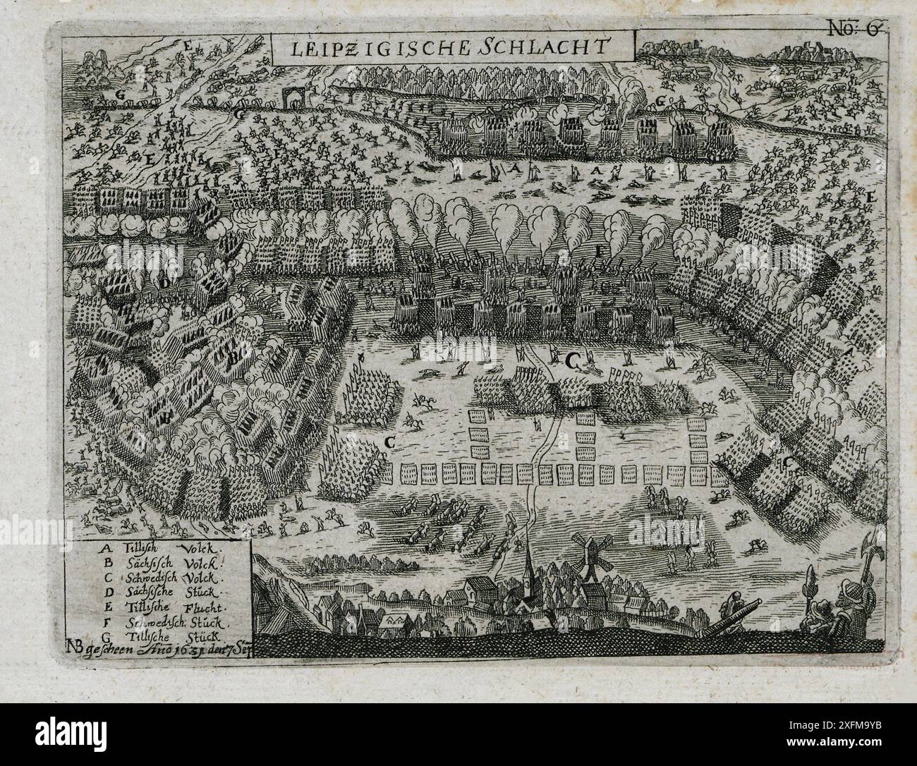 Schlacht bei Breitenfeld: NB gescheen Anno 1631 den 17. September 1631 Schlacht bei Breitenfeld (deutsch: Schlacht bei Breitenfeld; Schwedisch: Slaget vid Breitenfeld) oder erste Schlacht bei Breitenfeld (in älteren Texten auch als Schlacht bei Leipzig bekannt), wurde am 17. September an einer Kreuzung bei Breitenfeld etwa 8 km nordwestlich der ummauerten Stadt Leipzig (gregorianischer Kalender) ausgetragen. oder 7. September (julianischer Kalender, zu dieser Zeit weit verbreitet), 1631. Eine Schwedisch-sächsische Armee unter der Führung des schwedischen Königs Gustav Adolf und des sächsischen Kurfürsten Johann Georg I. besiegte eine kaiserliche Katholi Stockfoto