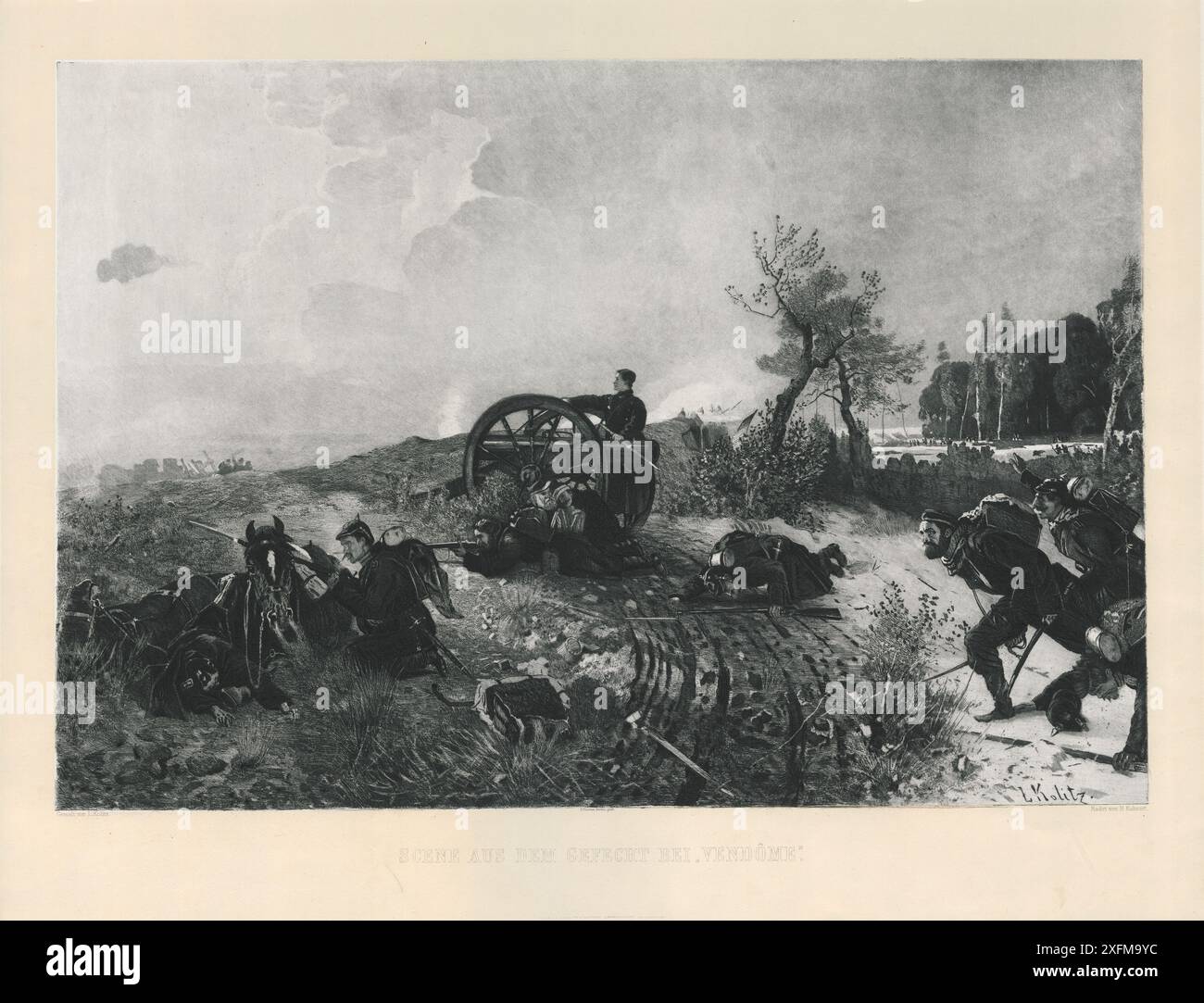 Szene aus der Schlacht von Vendôme: [Januar 1871], 1875 die Schlacht von Vendôme fand während des Deutsch-Französischen Krieges statt, sie dauerte vom 14. Bis 17. Dezember 1870 in Vendôme, Loir-et-Cher, Frankreich. In diesen heftigen Kämpfen wurden die X. Armee des Königreichs Preußen unter dem Kommando von General Konstantin Bernhard von Voigts-Rhetz und die 2. Armee Preußen unter dem Kommando von Prinz Friedrich Karl, Angriff auf die französische Armee der Loire durch Minister Antoine Chanzy und Admiral Bernard Jaureguiberry, ein ehemaliger Marineoffizier Frankreichs. Die Preußen besiegten die Franzosen in einem Waffenschlacht am 16. Dezember Stockfoto