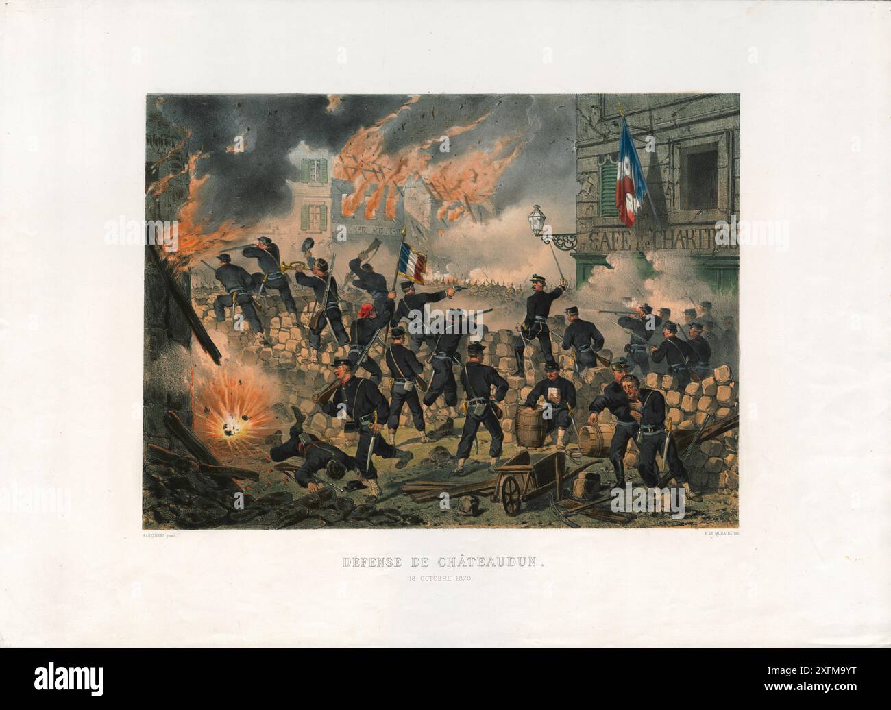 Verteidigung von Châteaudun: 18. Oktober 1870, 1875 die Schlacht von Châteaudun fand im Nordwesten Frankreichs während des Deutsch-Französischen Krieges, der am 18. Oktober 1870 stattfand, statt. In dieser Schlacht Griff die kaiserliche deutsche Armee unter General Friedrich Wilhelm Ludwig von Wittich die Stadt Châteaudun an und eroberte die Stadt. Während der neunstündigen Schlacht besiegten die Angreifer Truppen, darunter Francs-Ermüdung unter der Führung von Ernest de Lipowski, der polnischer Herkunft war. Obwohl es mit einer Niederlage endete, wird der Widerstand der französischen Armee bei Châteaudun in einem Dokument als legendär bezeichnet. Stockfoto