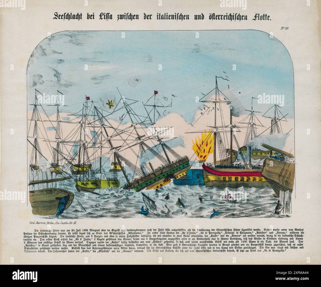 Lithografie der Seeschlacht bei Lissa zwischen der italienischen und der österreichischen Flotte, 1866 die Schlacht bei Lissa (kroatisch Bitka kod Visa) fand am 20. Juli 1866 in der Adria bei der dalmatinischen Insel Vis (italienisch: Lissa) und war ein bedeutender Sieg für eine österreichische Reichsstreitmacht über eine zahlenmäßig überlegene italienische Streitmacht. Die italienische Marine feuerte während des Einsatzes etwa 1450 Schüsse ab, versenkte aber kein österreichisches Schiff und verlor zwei Eisenklötze. Stockfoto