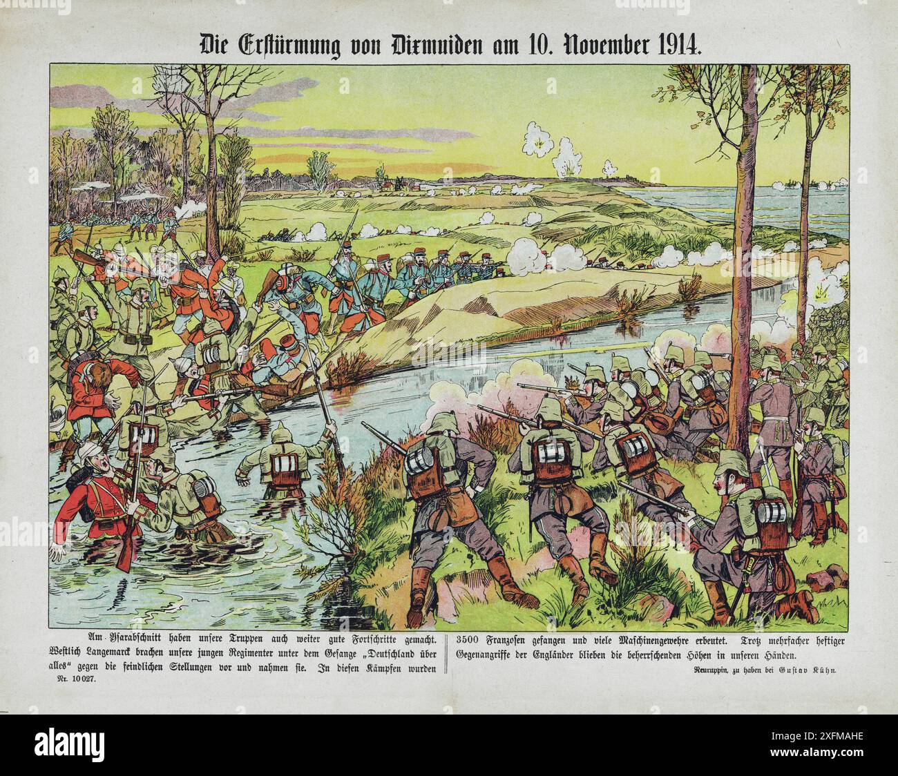 1. Weltkrieg: Deutsches Propagandaplakat: Deutscher Angriff auf Diksmuide (Dixmuiden) am 10. November 1914. Die Stadt wurde erstmals am 16. Oktober 1914 angegriffen und von belgischen und französischen Truppen verteidigt, was den Beginn der Schlacht markierte. Oberst Alphonse Jacques führte die Truppen an, die Diksmuide daran hinderten, von der deutschen Armee eingenommen zu werden. Stockfoto