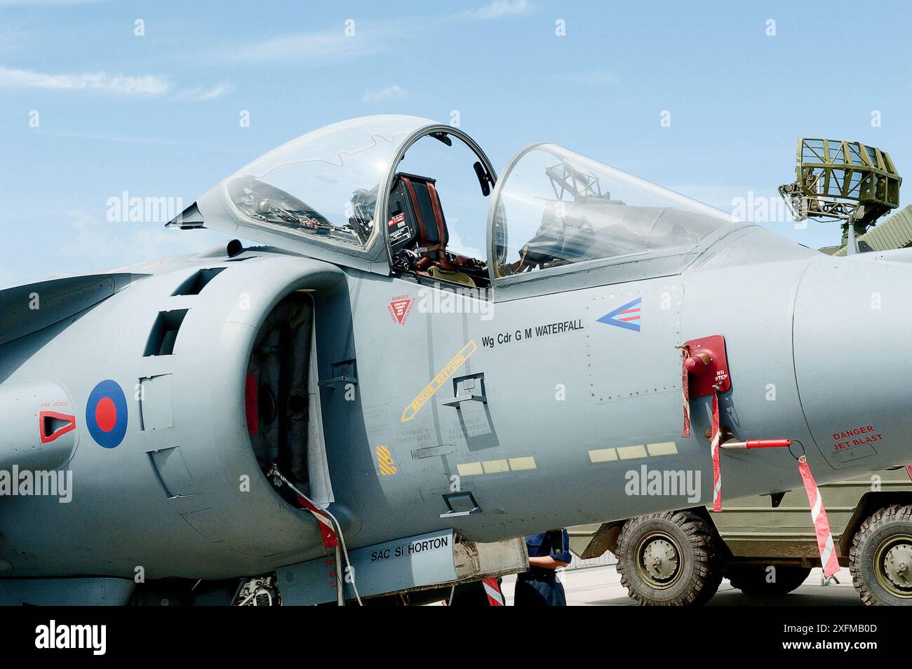 Der Harrier Jump Jet des Wing Commander GM Waterfall parkte im statischen Ausstellungsbereich der RAF Waddington Airshow 2005 Stockfoto