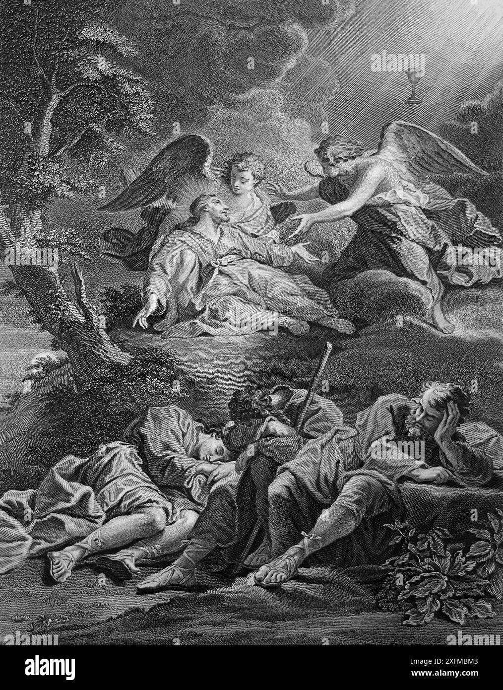 Illustration von Jesus Christus betend im Garten Getsemani, als Engel vom Himmel erschienen und ihm Kraft (die Qual) gaben, während die Thre Stockfoto