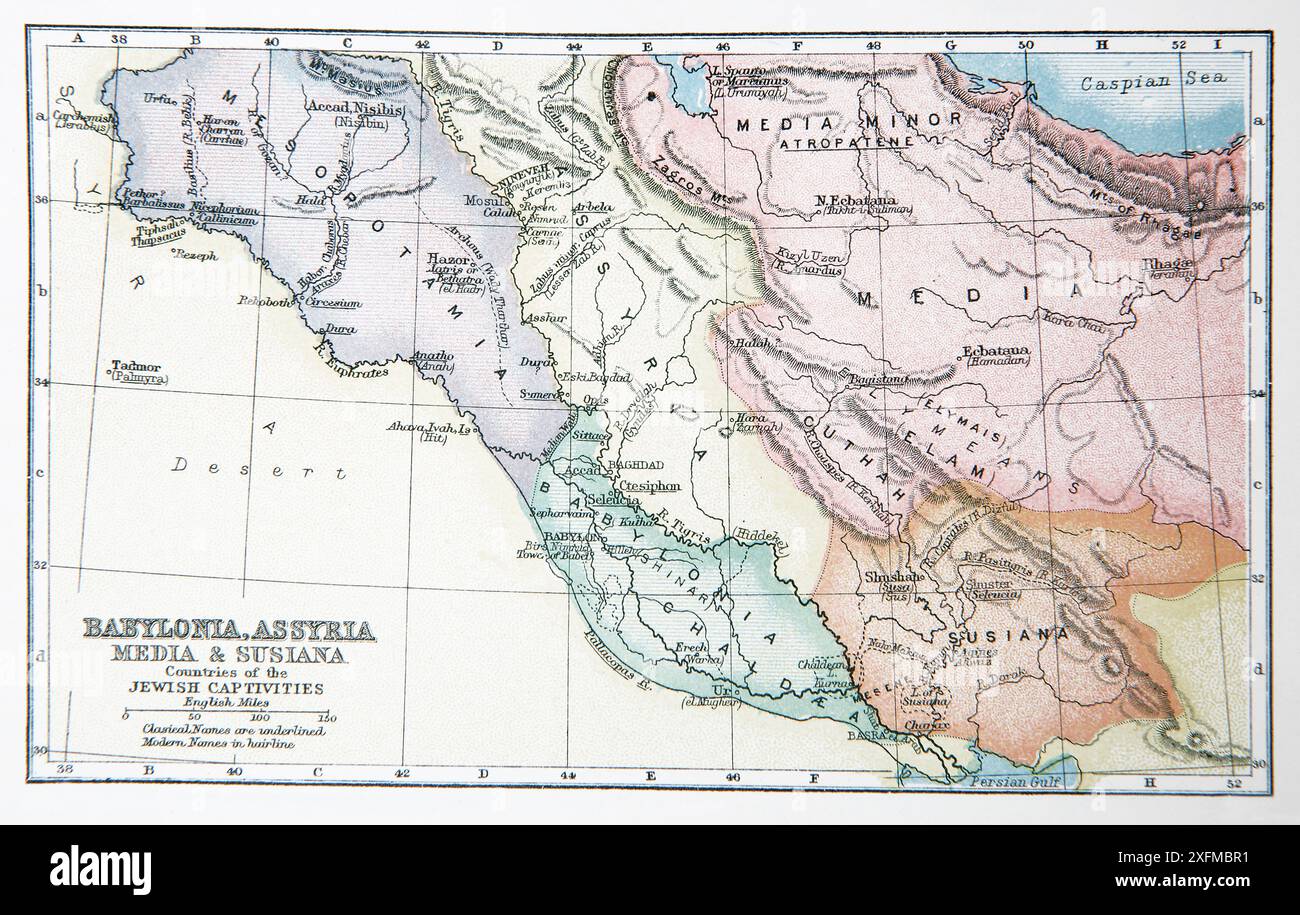 Karte in der Antike der selbsterklärenden Familienbibel aus dem 19. Jahrhundert (Neuausgabe) Darstellung der Länder der jüdischen Gefangenschaft - Babylonien, Assyrien, Med Stockfoto